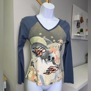 Vintage F.A.N.G Artistic Asian Inspired Blue and Cream Long Sleeve V-neck Top M